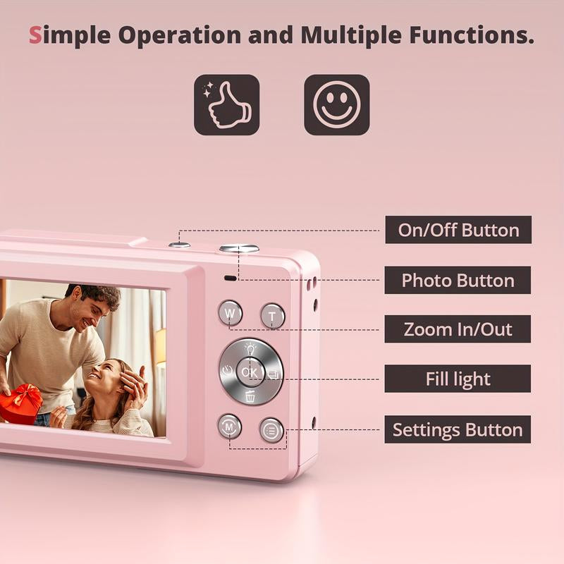 44MP Student Compact Digital Camera - FHD 1080P, 16X Zoom, Anti-Shake, Includes 32G TF Card, Rechargeable, Suitable for Vlogging and Beginners, Pink