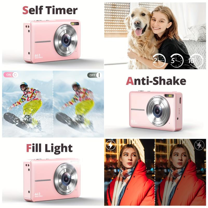 44MP Student Compact Digital Camera - FHD 1080P, 16X Zoom, Anti-Shake, Includes 32G TF Card, Rechargeable, Suitable for Vlogging and Beginners, Pink