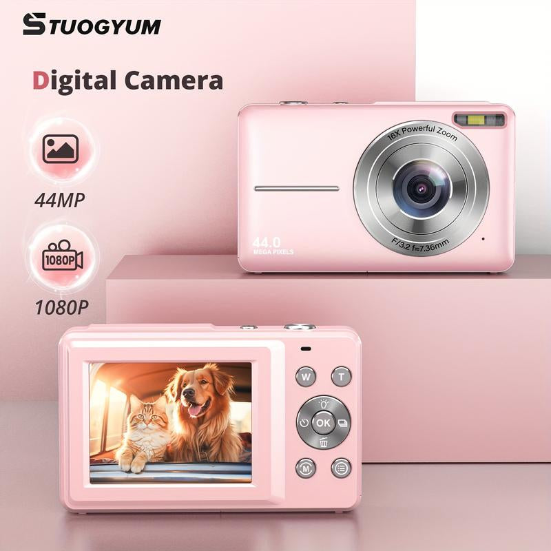 44MP Student Compact Digital Camera - FHD 1080P, 16X Zoom, Anti-Shake, Includes 32G TF Card, Rechargeable, Suitable for Vlogging and Beginners, Pink