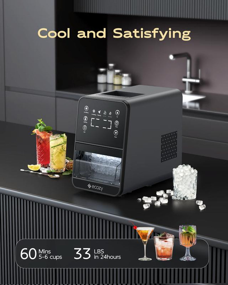 Ecozy Nugget Ice Maker Countertop, Intuitive Ergonomic Ecoscreen with One-Touch Timer, 33Lbs/24H,Pull-Out Ice Basket with 3Lbs Storage, Self-Cleaning