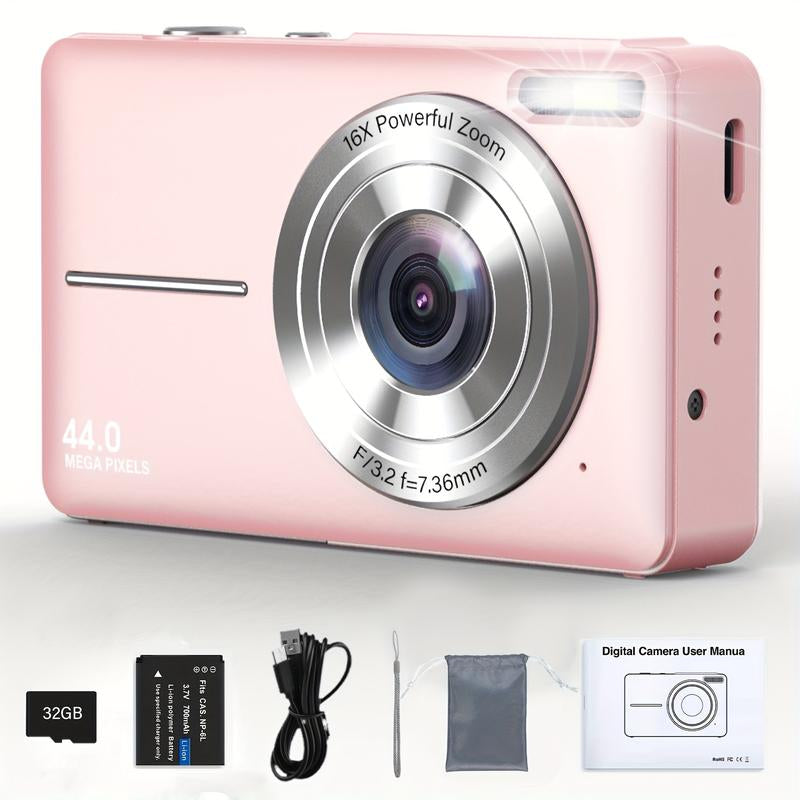 44MP Student Compact Digital Camera - FHD 1080P, 16X Zoom, Anti-Shake, Includes 32G TF Card, Rechargeable, Suitable for Vlogging and Beginners, Pink