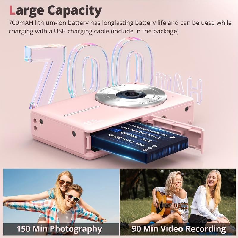 44MP Student Compact Digital Camera - FHD 1080P, 16X Zoom, Anti-Shake, Includes 32G TF Card, Rechargeable, Suitable for Vlogging and Beginners, Pink