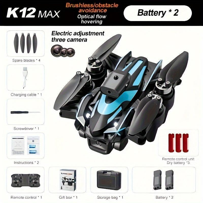 K12 Max Drone with Triple Cameras, Brushless Motor, 360° , Wireless Controller for Live Video Streaming and Navigation - Charging Obstacle