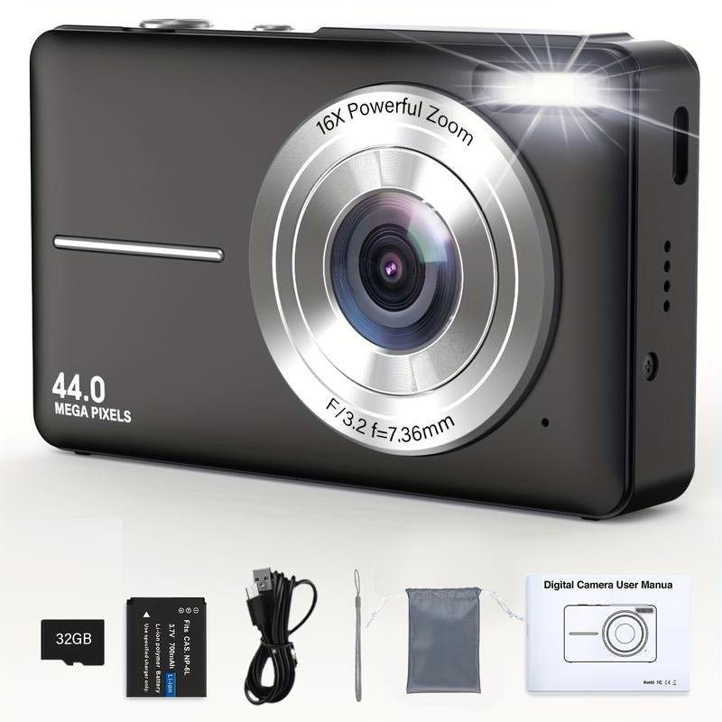 44MP Student Compact Digital Camera - FHD 1080P, 16X Zoom, Anti-Shake, Includes 32G TF Card, Rechargeable, Suitable for Vlogging and Beginners, Pink