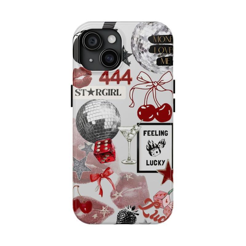 Y2K Aesthetic Phone Case | IT Girl 444 "Feeling Lucky" | Cute Girly Collage, Disco Ball, Cherries | Red Trendy Cover for Iphone, Samsung, Pixel