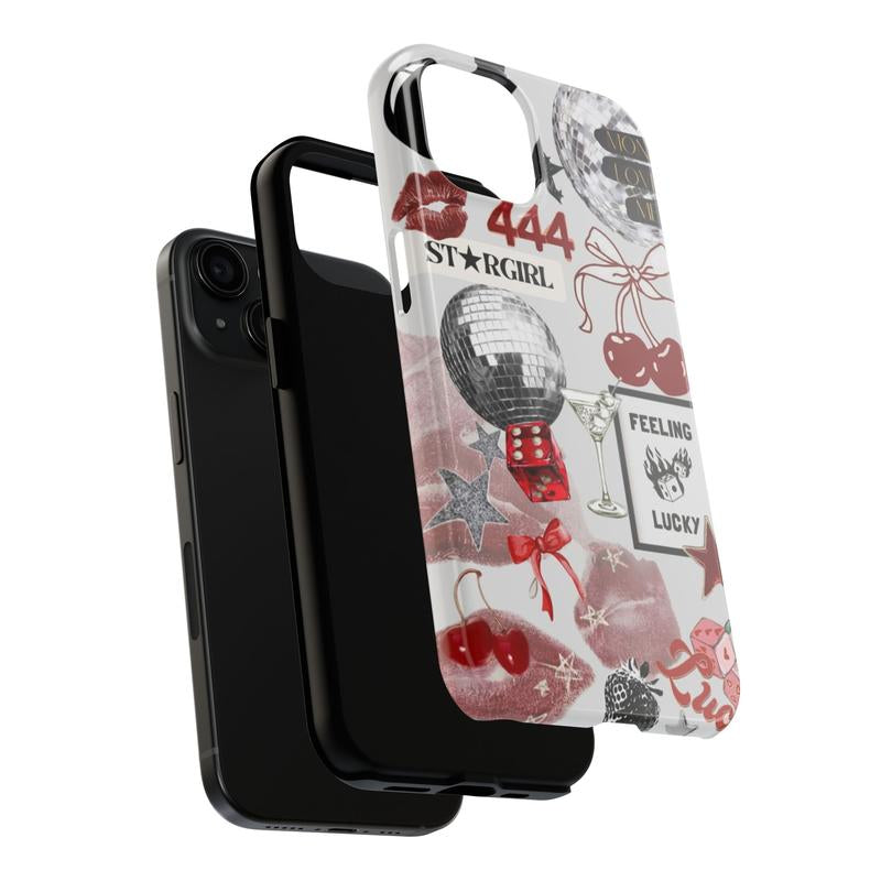 Y2K Aesthetic Phone Case | IT Girl 444 "Feeling Lucky" | Cute Girly Collage, Disco Ball, Cherries | Red Trendy Cover for Iphone, Samsung, Pixel