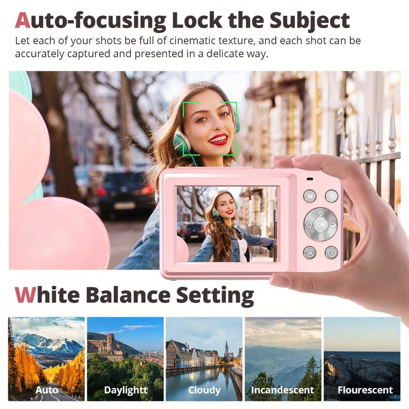 44MP Student Compact Digital Camera - FHD 1080P, 16X Zoom, Anti-Shake, Includes 32G TF Card, Rechargeable, Suitable for Vlogging and Beginners, Pink