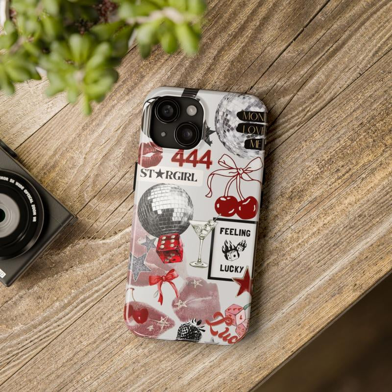 Y2K Aesthetic Phone Case | IT Girl 444 "Feeling Lucky" | Cute Girly Collage, Disco Ball, Cherries | Red Trendy Cover for Iphone, Samsung, Pixel