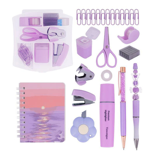 Mini Office Stationery Supplies Set Cute and Convenient Includes Stapler Tape Dispenser Stapler Paper Clip Scissors Notebook Highlighter Ballpoint Pen Small Retractable Knife Suitable for Office and School Students