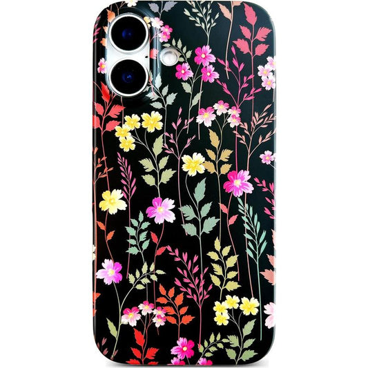 Compatible for 16 Case, Cute Garden Case for Girls Women, Matte Pattern Soft Shockproof TPU Anti-Scratch Phone Cover Case for 16 6.1", Black Mixed Floral